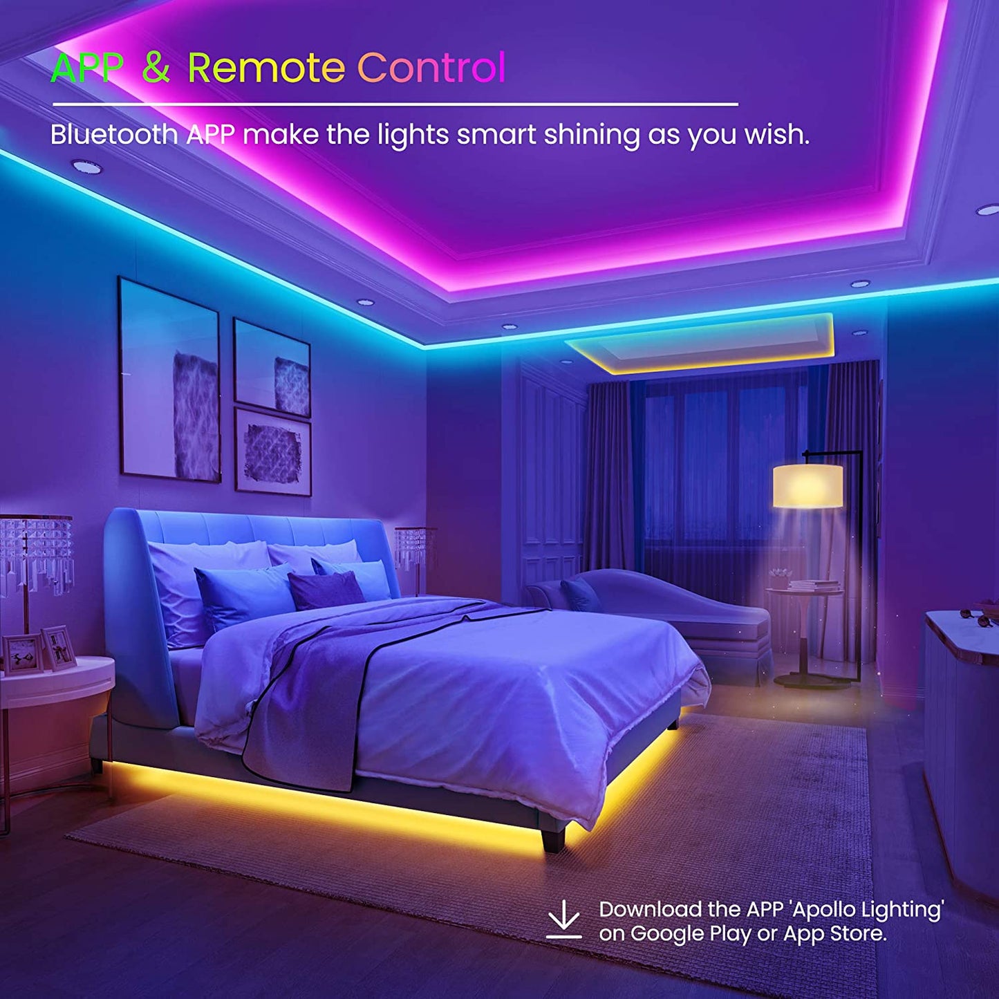 Professional title: "50 FT Bluetooth LED Strip Lights with Music Sync and Remote Control"