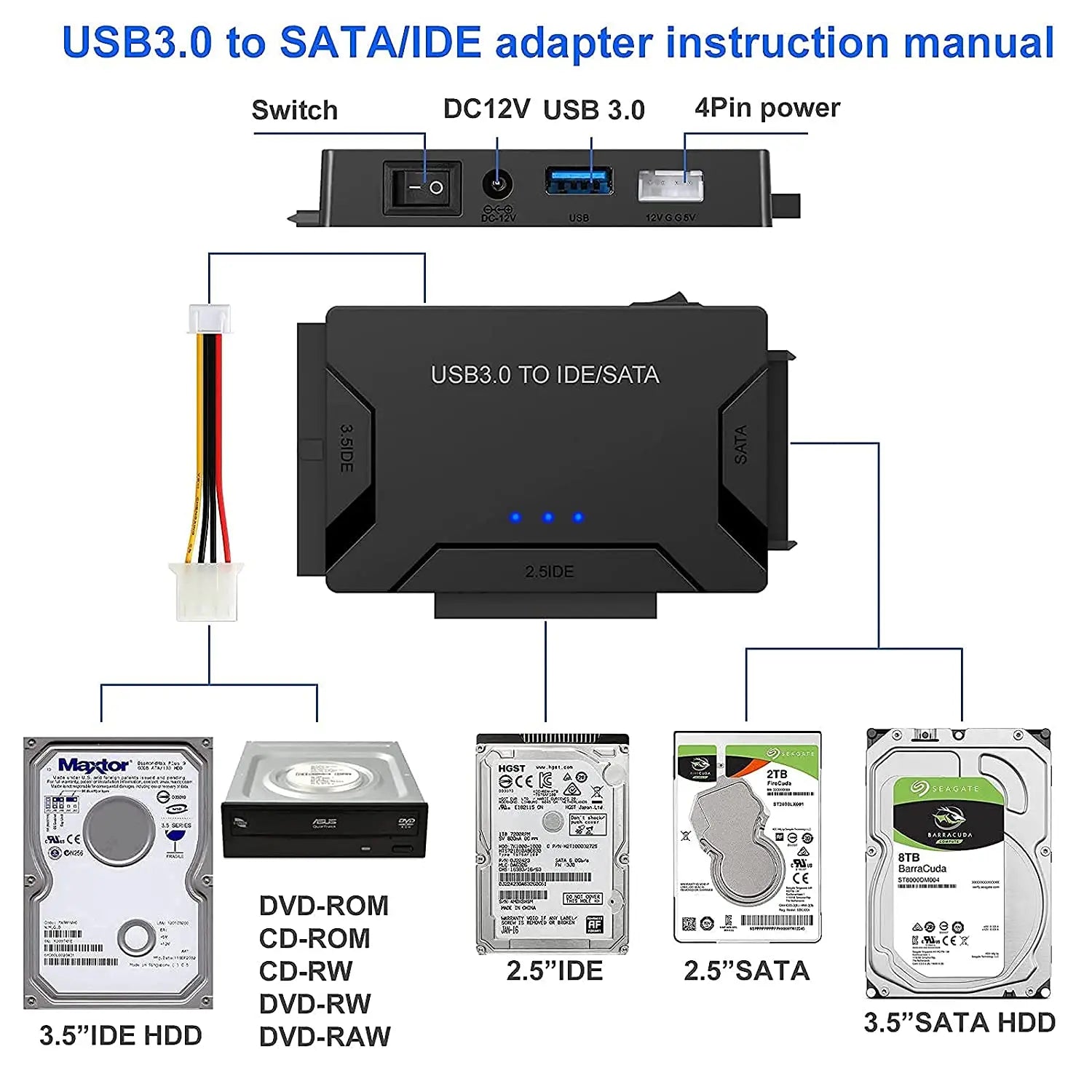 USB 3.0 to SATA IDE Hard Disk Adapter Converter Cable for 3.5 2.5 Inch HDD/SSD CD DVD ROM CD-RW 3 in 1 IDE SATA Adapter