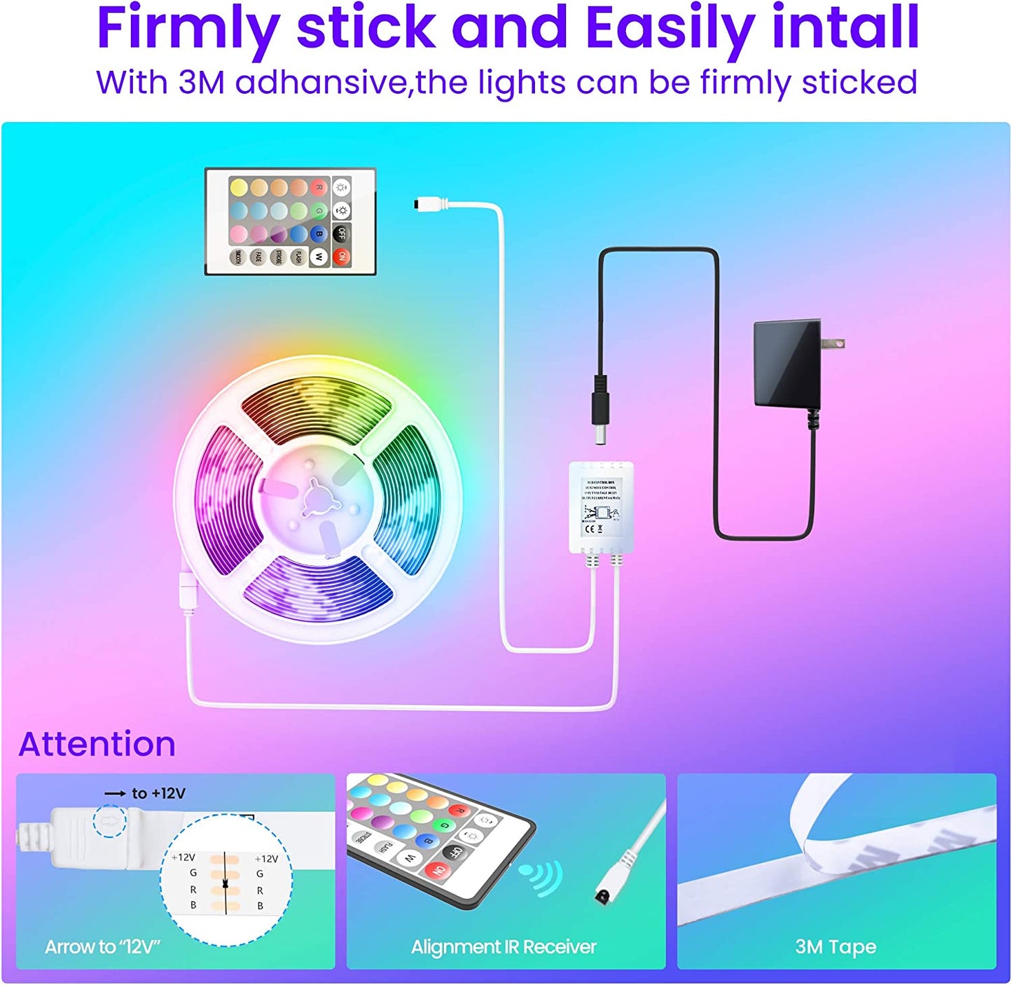 Professional title: "50 FT Bluetooth LED Strip Lights with Music Sync and Remote Control"