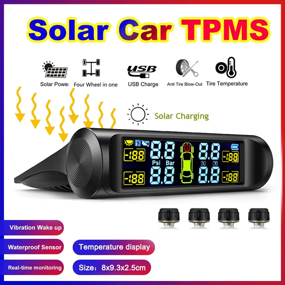 Solar Power TPMS Car Tire Pressure Alarm Monitor System