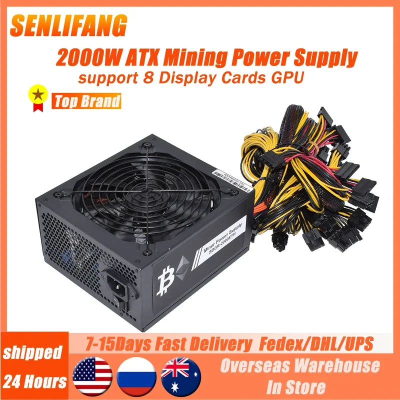 2000W ATX Gold Power Supply SATA IDE for BTC ETC RVN Rig Ethereum Computer Component Mining Machine Supports 8 GPU Cards