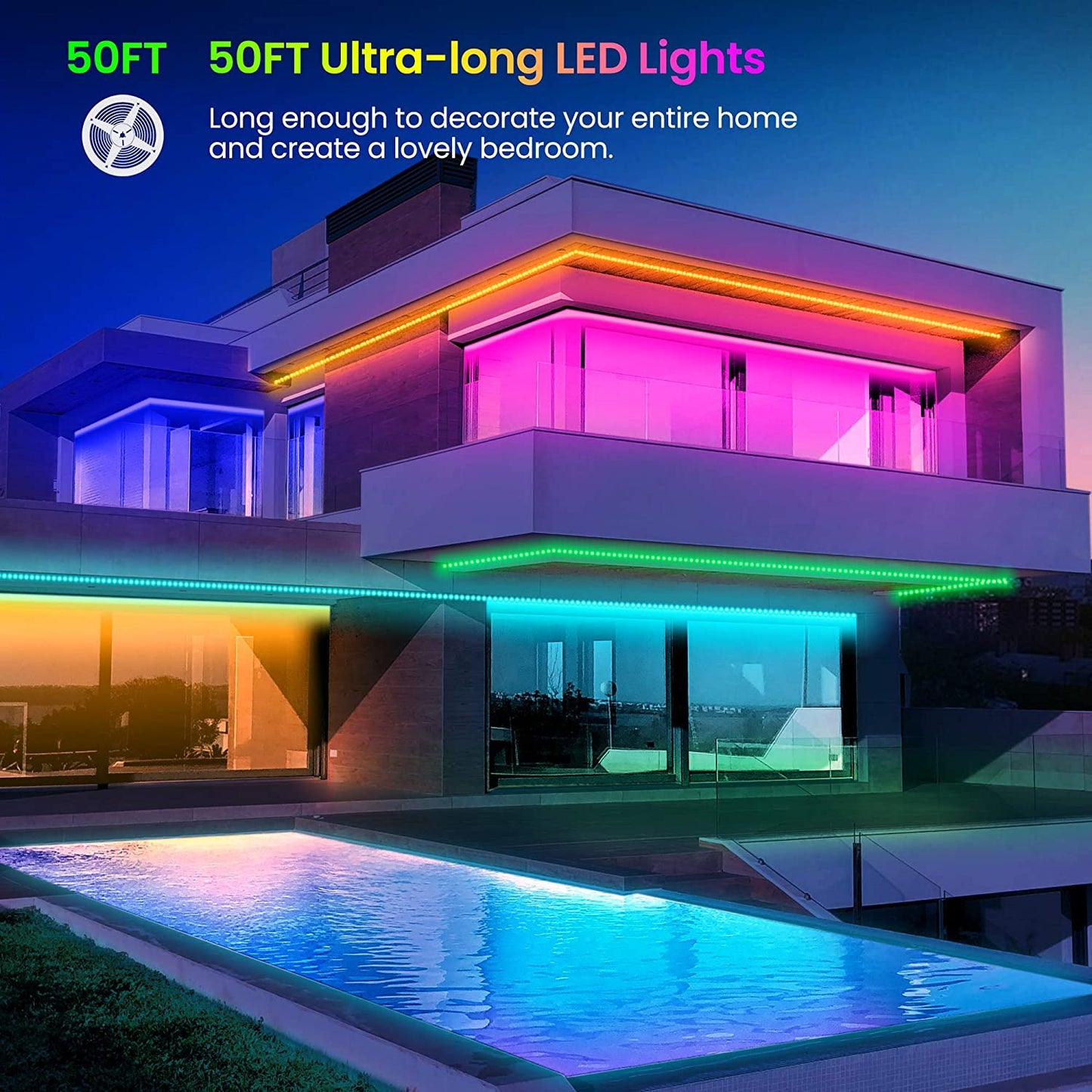 Professional title: "50 FT Bluetooth LED Strip Lights with Music Sync and Remote Control"