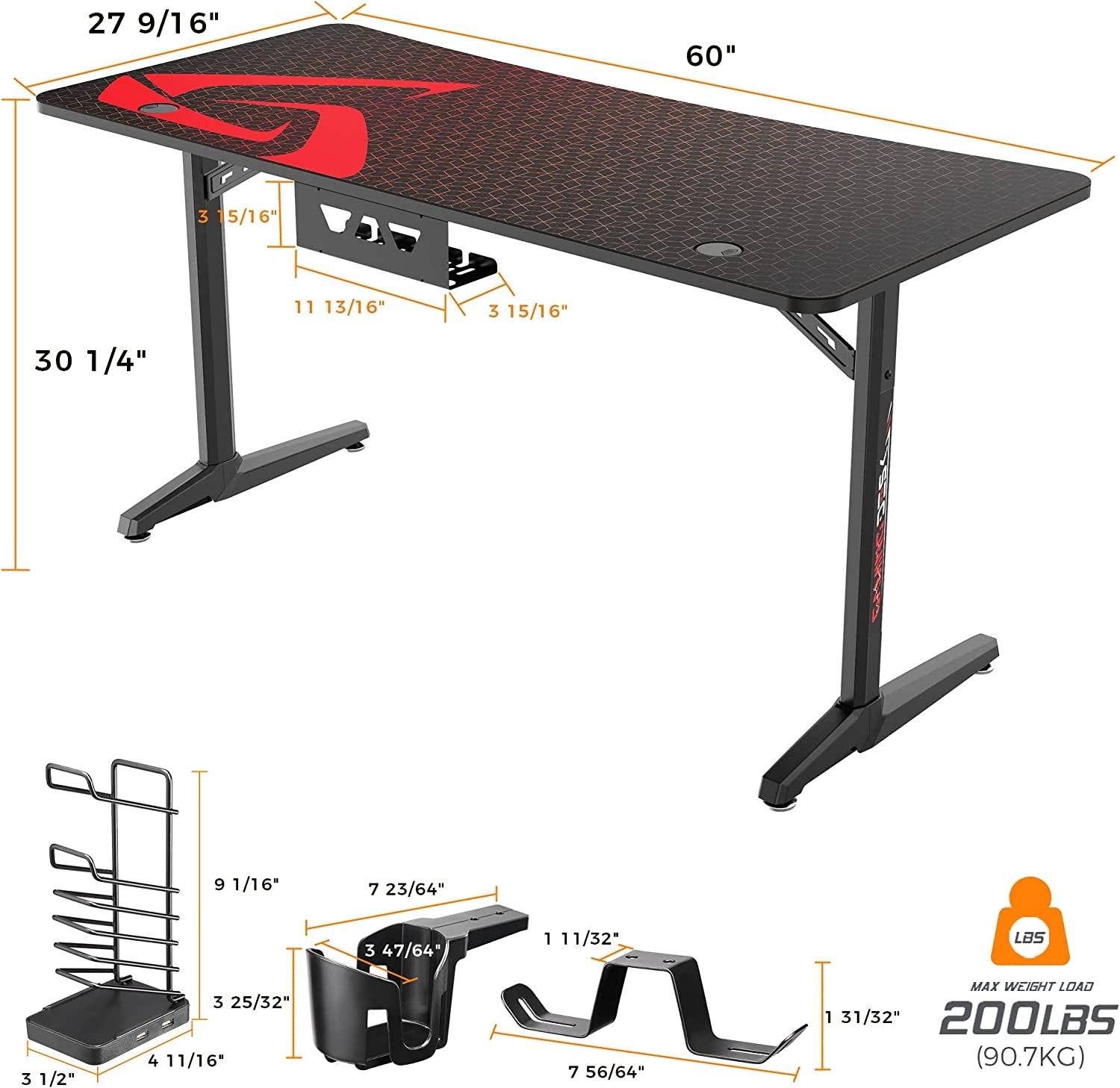 60 Inch Gaming Desk, Large Curved Computer Desk with Full Mouse Pad, T-Shaped Professional Gamer Studio Table for 3 Monitors with USB Handle Rack Cup Holder Headphone Hook, Carbon Fiber Black