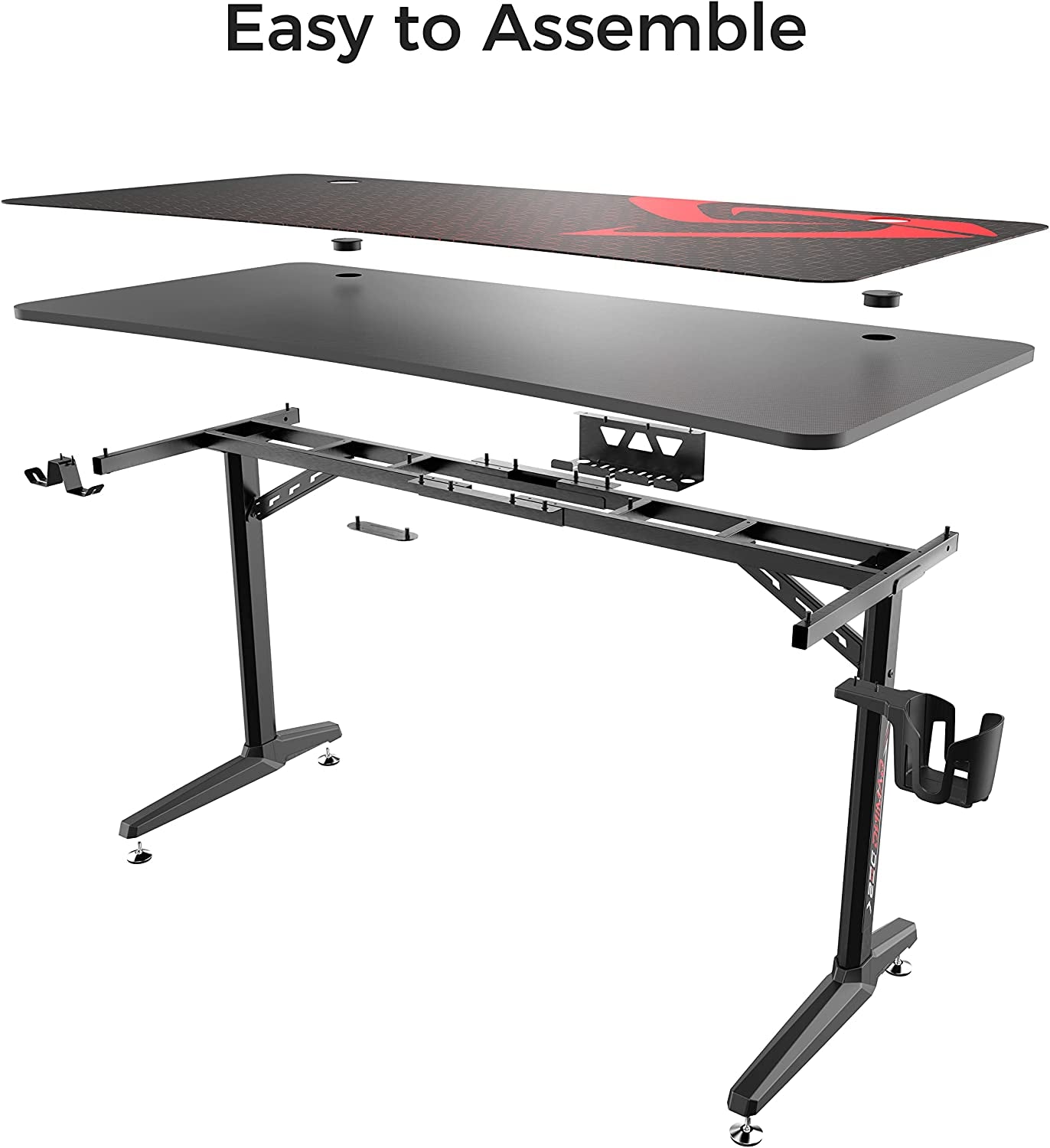 60 Inch Gaming Desk, Large Curved Computer Desk with Full Mouse Pad, T-Shaped Professional Gamer Studio Table for 3 Monitors with USB Handle Rack Cup Holder Headphone Hook, Carbon Fiber Black